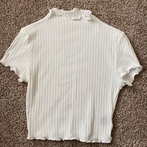 White Ribbed + Ruffle-Edged Mock Neck Top